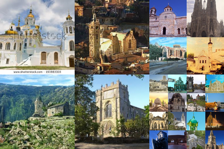 Sample grid: LSUN Church generations with varied building layouts, facades, and lighting