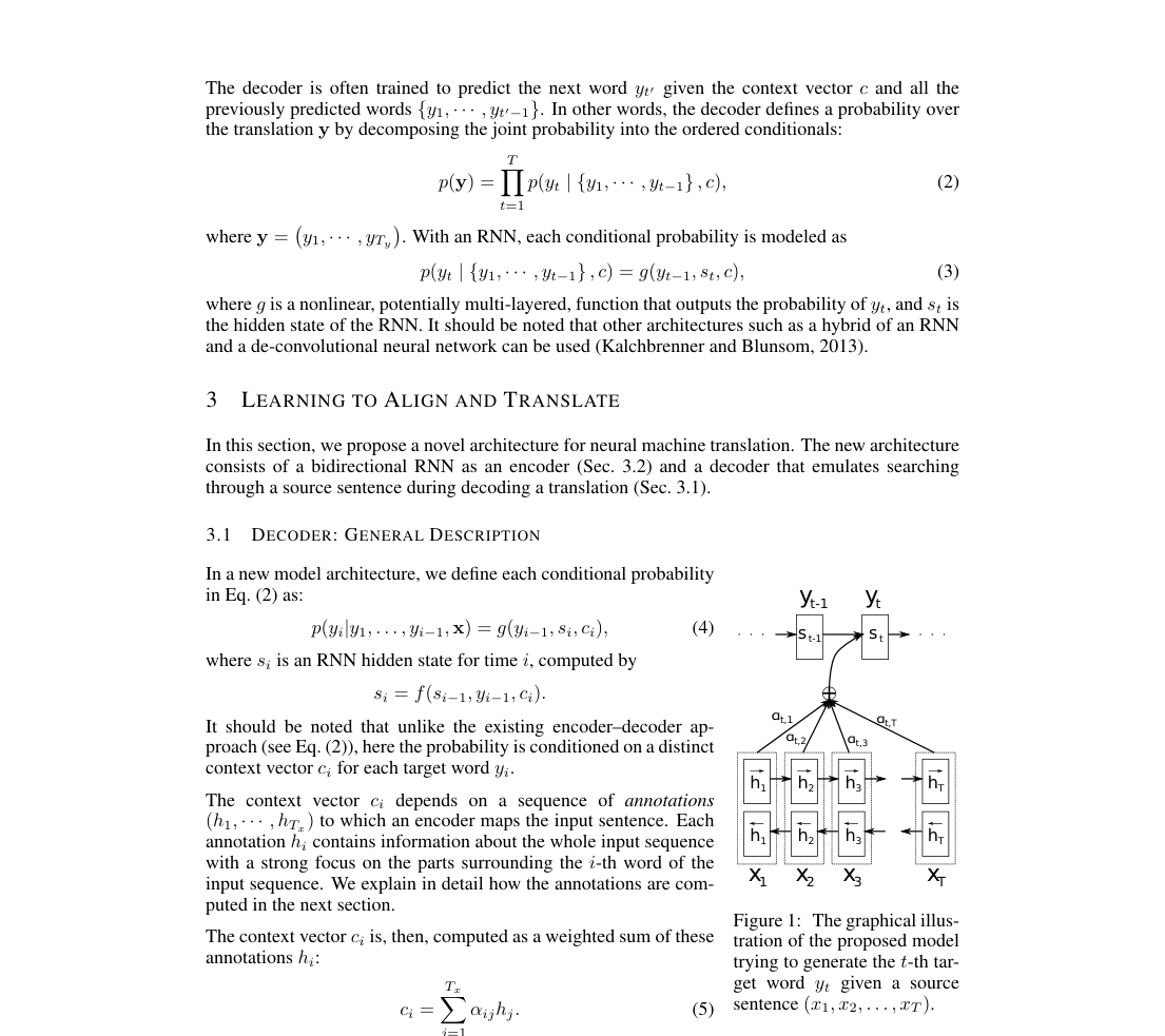 Architecture diagram: decoder states s_{t-1}, s_t receive a context from attention weights over bidirectional source annotations h_1, \ldots, h_{T_x}.