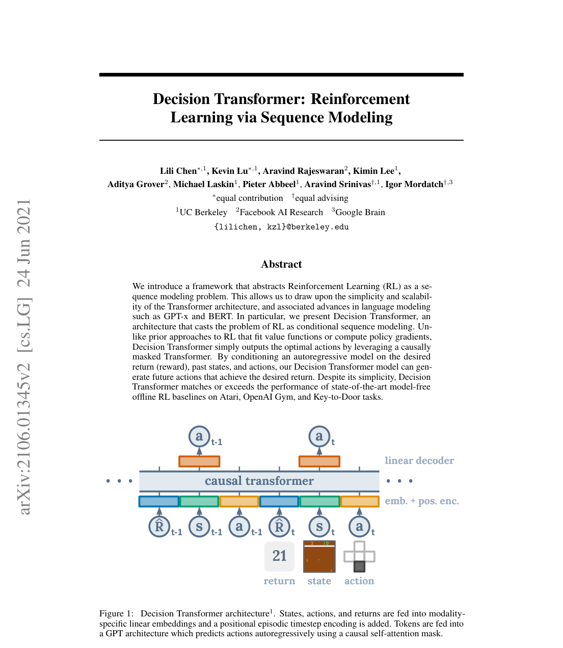 Architecture diagram: return, state, and action tokens are interleaved, embedded with timestep encodings, passed through a causal transformer, and decoded autoregressively into actions.