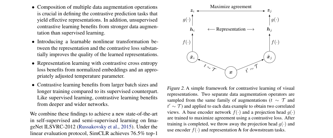 Two augmented views pass through a shared encoder f(\cdot) and projection head g(\cdot); contrastive loss acts on z, downstream tasks use h.