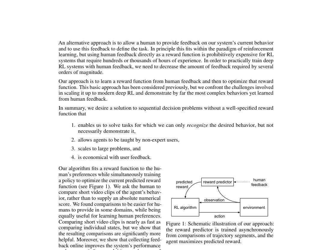 Verified architecture diagram: a reward predictor receives human feedback and environment observations, then sends predicted reward to the RL algorithm, which acts in the environment.