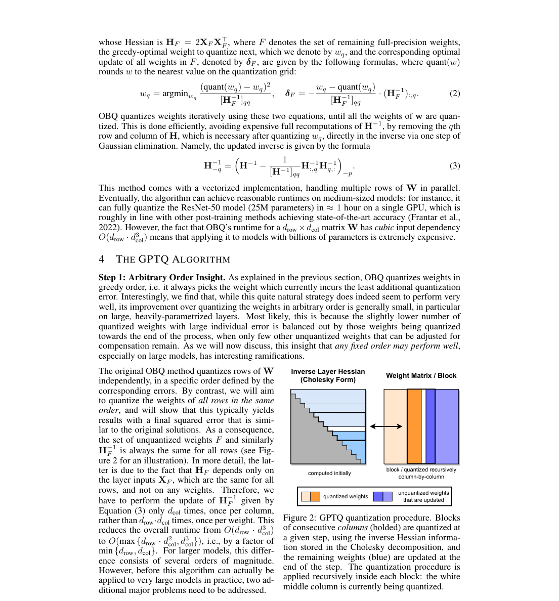Figure: GPTQ quantizes consecutive weight columns using Cholesky-form inverse Hessian information; the current block is quantized while later columns are updated.