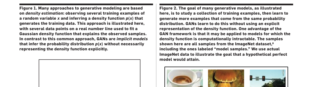 Verified page crop: introductory diagrams contrasting explicit density estimation with GAN-style implicit generation from training examples.