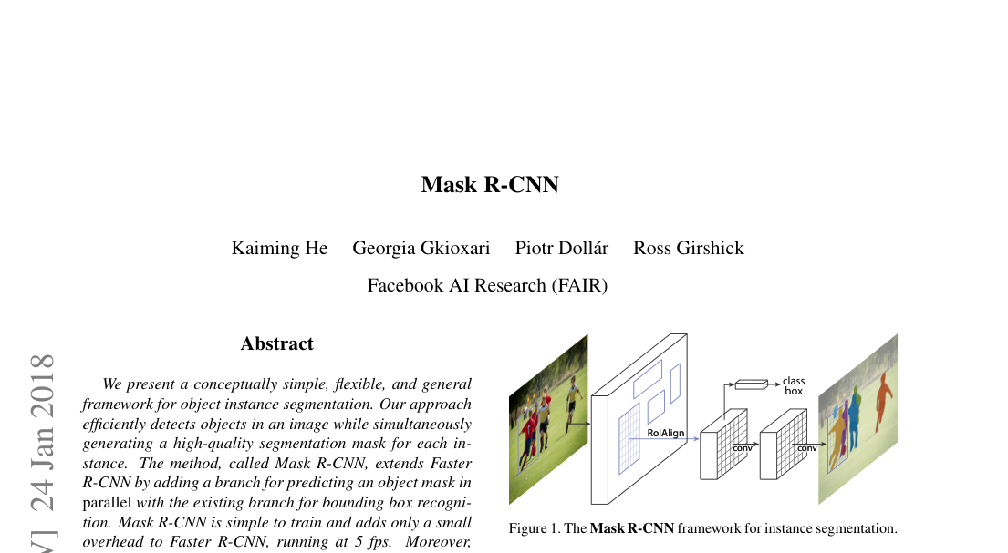 Architecture: the page shows the core Mask R-CNN pipeline, with RoIAlign feeding parallel class-box and convolutional mask branches.