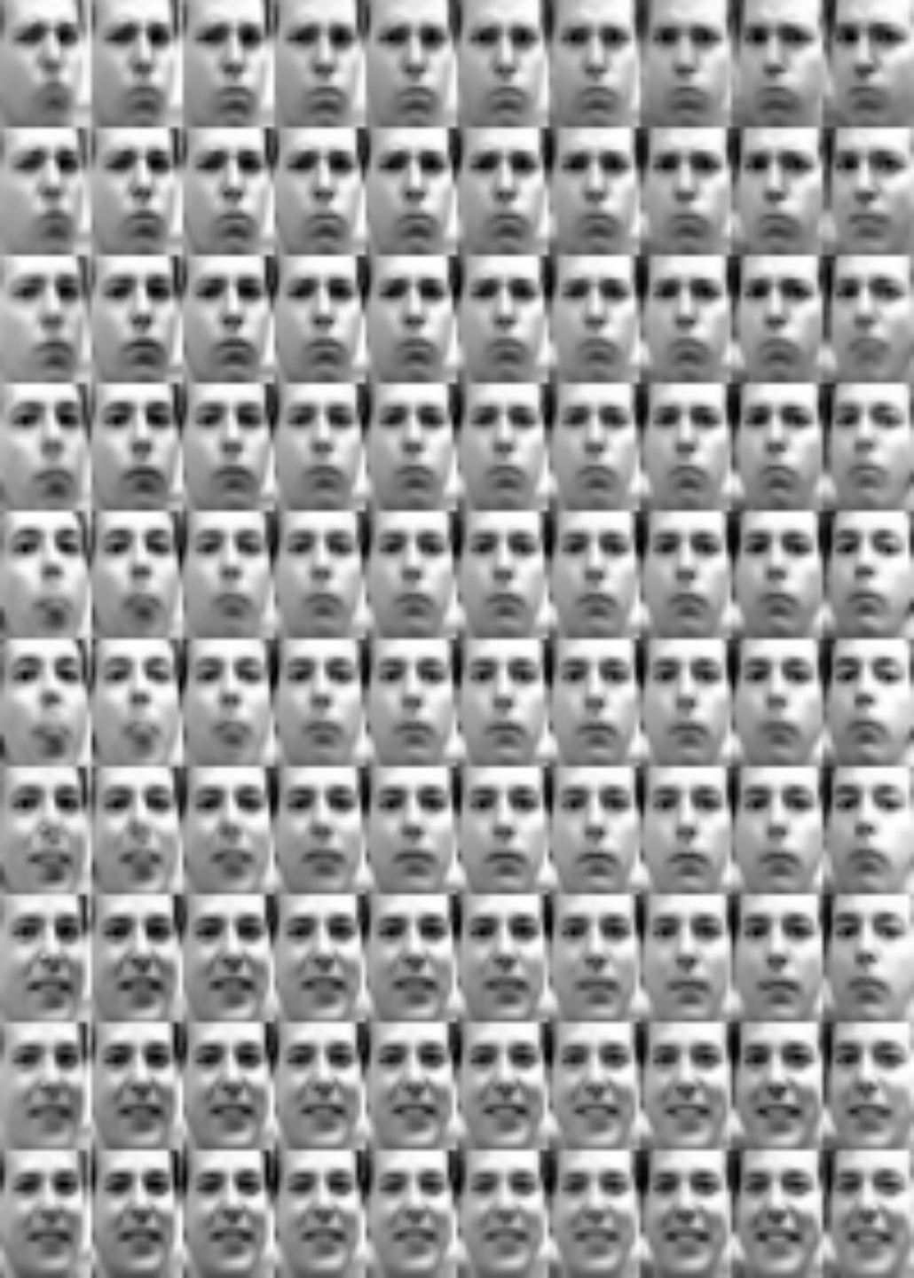 Sample grid: Frey Face latent-manifold traversal with smooth identity and expression changes across the grid.