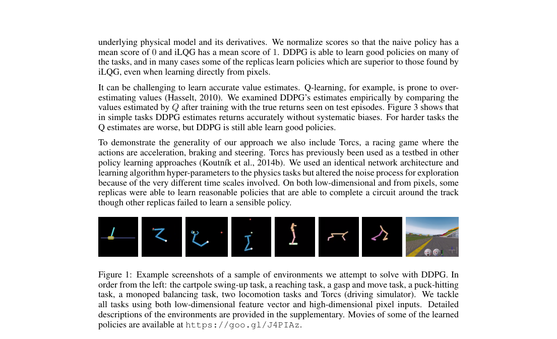 Verified results page: environment screenshots for the continuous-control suite, including swing-up, reaching, locomotion, and Torcs.
