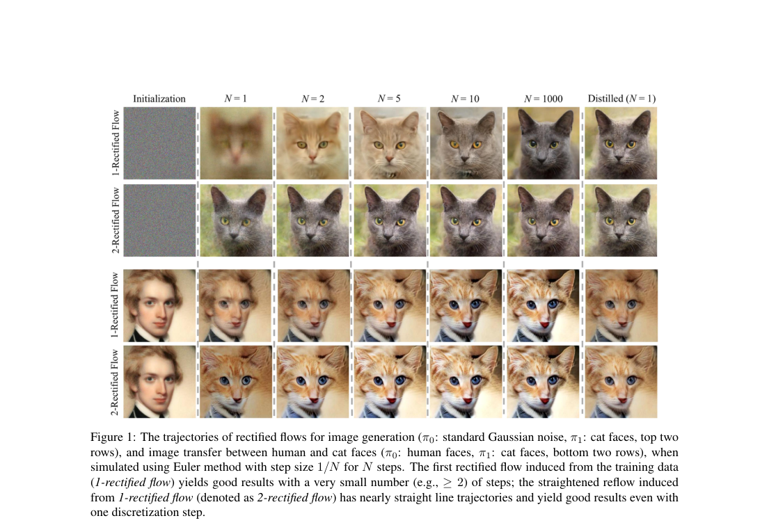 Verified figure: sample trajectories for image generation and face-to-cat transfer across different Euler step counts, showing 2-rectified flow remains high quality even at one step.