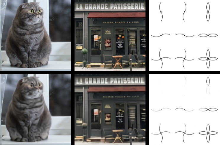 Reconstruction comparison: top row original images, bottom row dVAE reconstructions; global structure survives while text and fine detail blur or disappear.