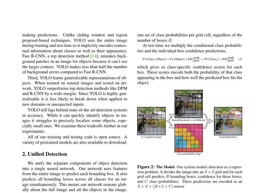 Verified architecture figure: the page shows YOLO's unified detection pipeline, with a 5 \times 5 input grid, predicted boxes plus confidences, a class-probability map, and final detections.