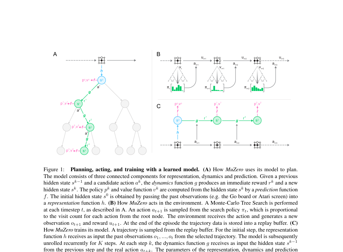 Verified architecture figure: MuZero planning, acting, and training pipeline with representation, dynamics, prediction, MCTS action selection, and recurrent unrolling over hidden states.