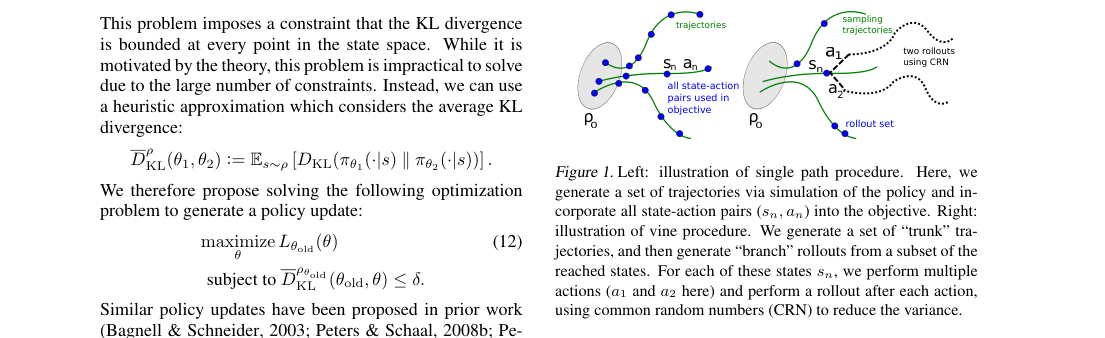 Verified figure: single-path sampling uses on-policy state-action pairs from sampled trajectories, while vine sampling branches multiple rollouts from selected trunk states.