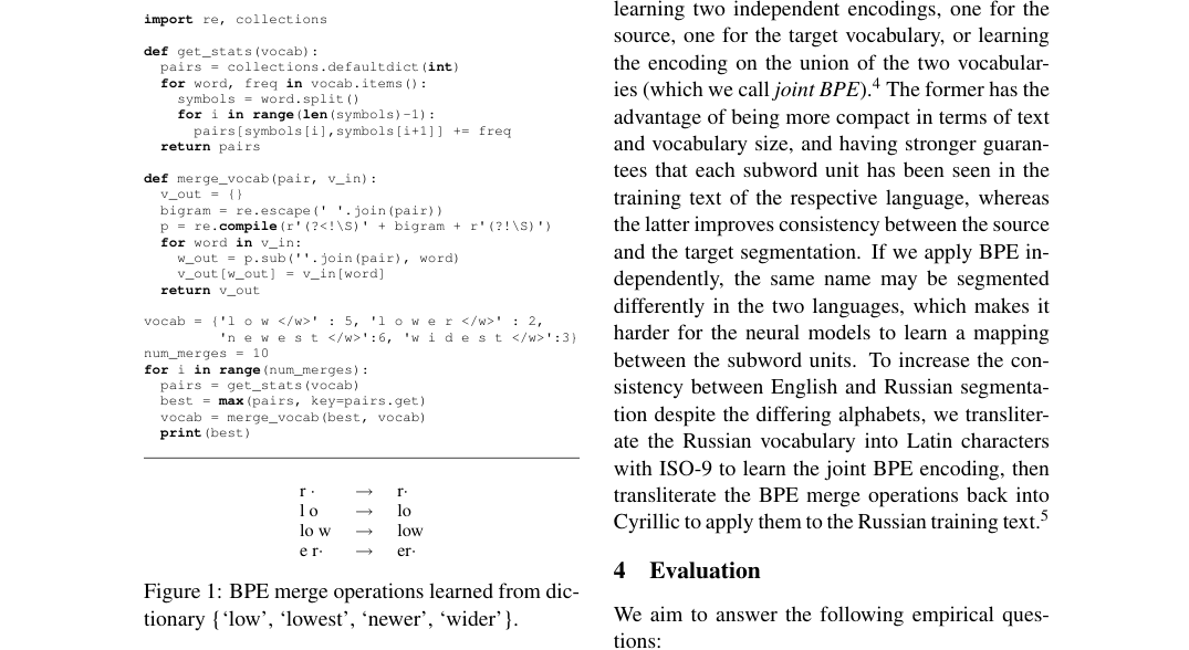 Verified figure: Algorithm 1 and example BPE merge operations learned from a toy vocabulary, illustrating how symbols are iteratively merged into subword units.