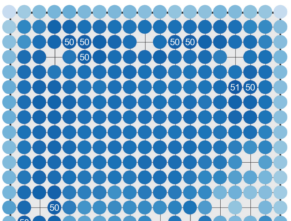 Board heatmap from AlphaGo move analysis, showing search statistics over candidate moves on a Go position.