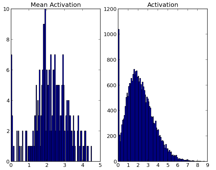 Results figure: activation histograms from dropout-RBM features, showing sparse activations with many near-zero responses.
