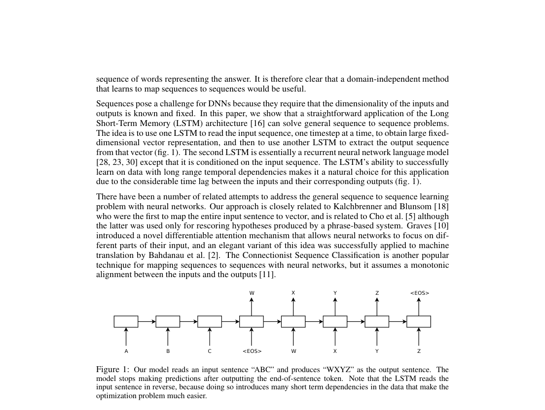 Encoder-decoder schematic: source tokens are read in reverse into recurrent states, then target tokens are generated left-to-right until the end token.