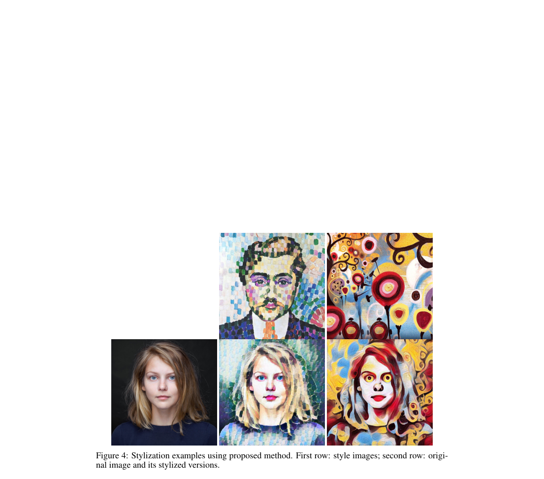 Sample grid: two style images on the top row, then a portrait content image and its two stylized outputs from the proposed method.