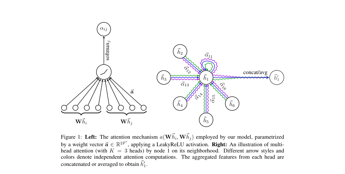Architecture diagram: left, edge attention scores from concatenated transformed node features; right, multi-head neighborhood aggregation by a center node.