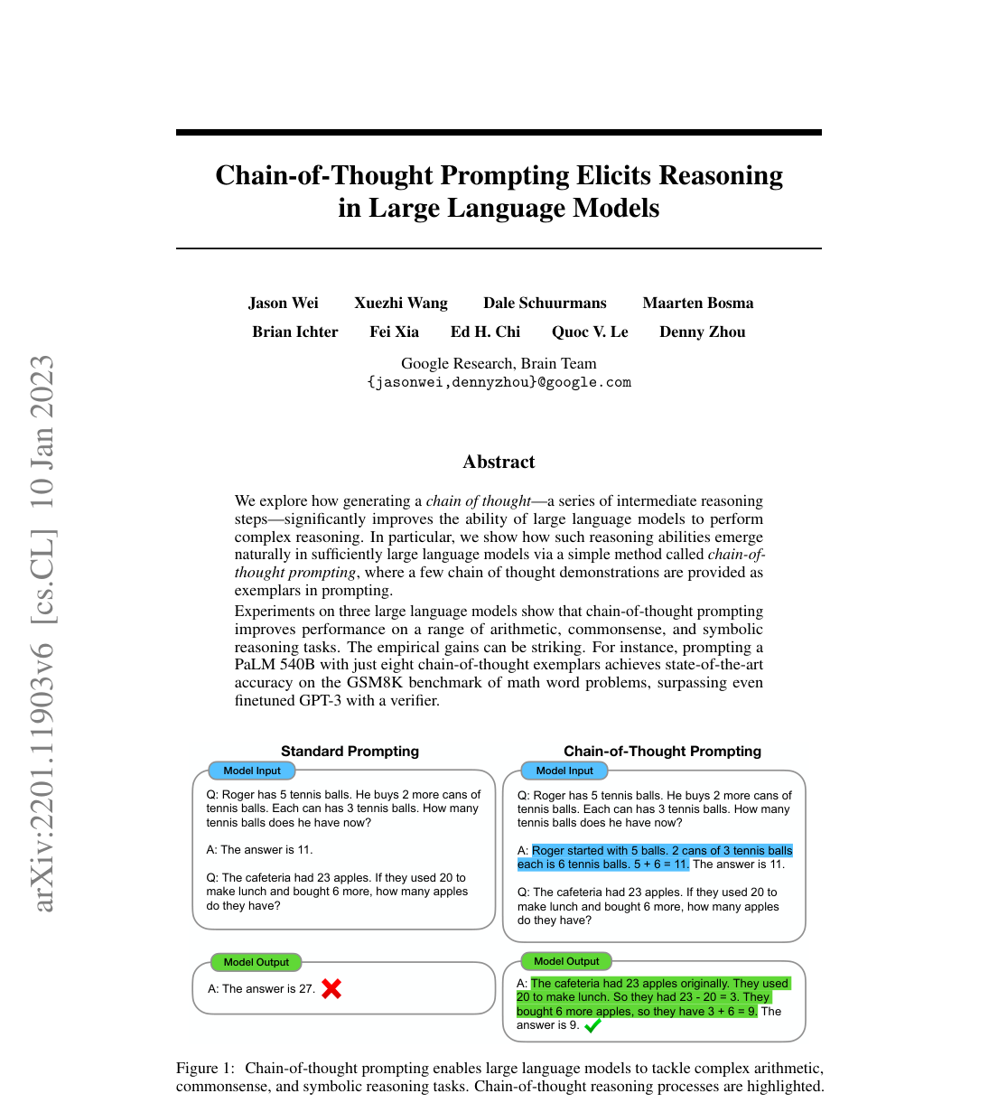 Prompt-format figure: standard prompting answers directly, while chain-of-thought prompting inserts highlighted intermediate reasoning before the final answer.
